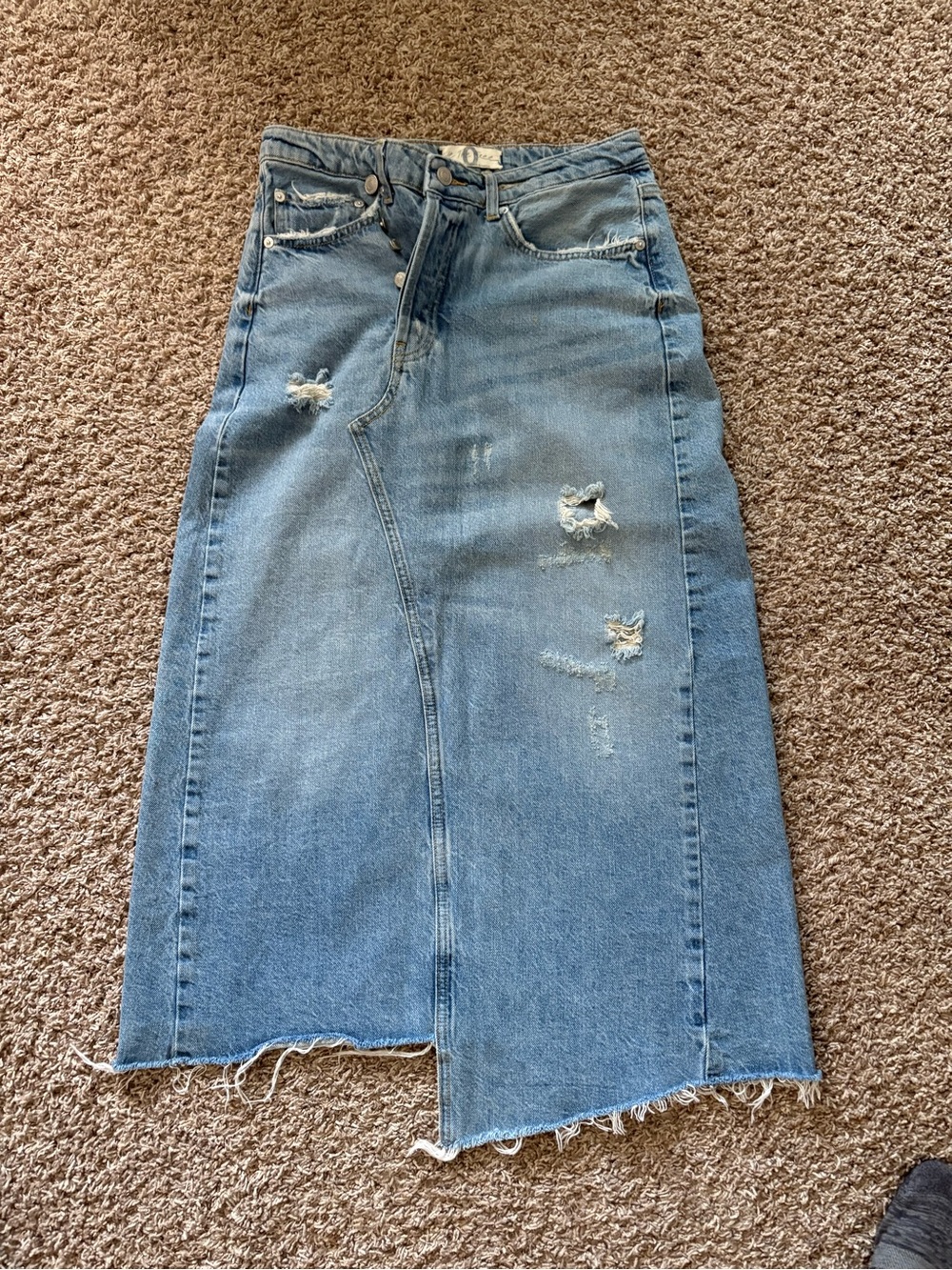Free People Light Blue Distressed Denim Midi Skirt